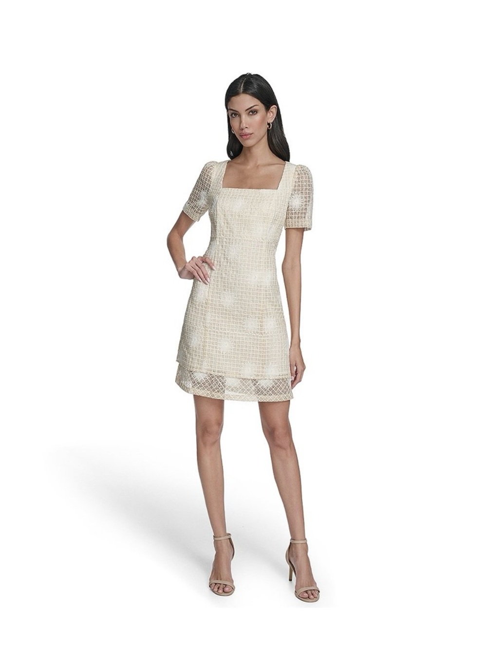 Vince Camuto Cream Square-Neck Lace Mini Dress